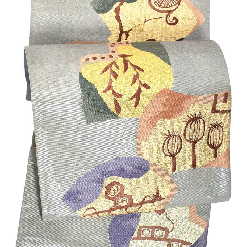 【新古品】「グレー　砂子箔　民謡柄」仕立て上がり 袋帯 全通柄