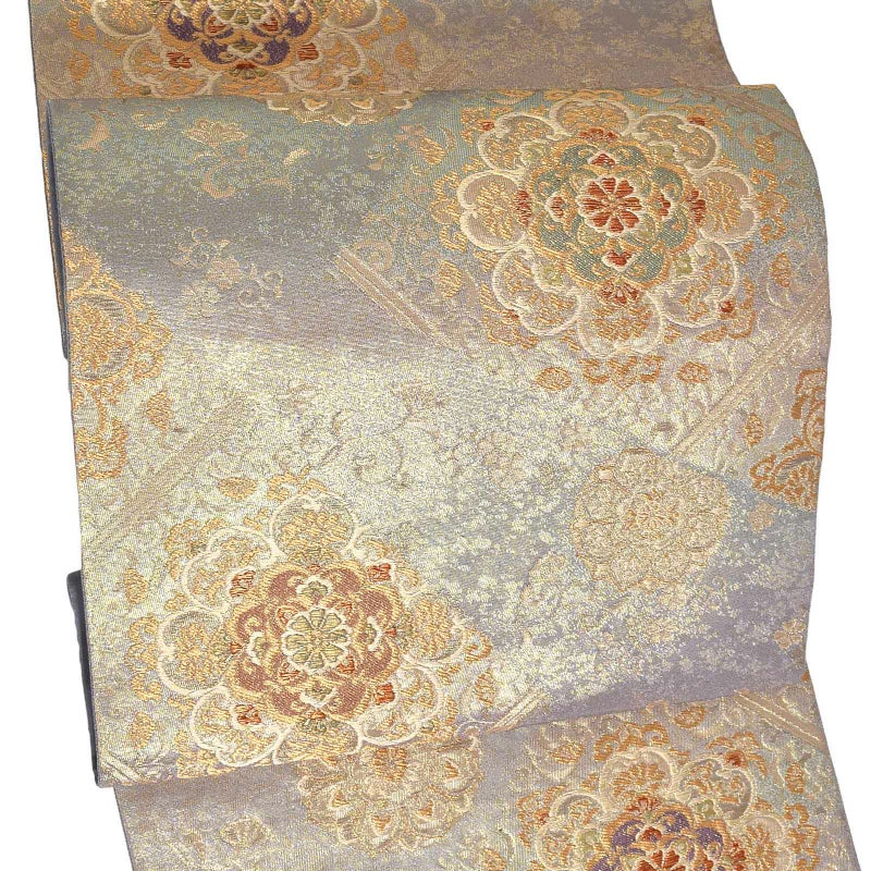 【新古品】「オーロラ　紫　金　段ぼかしに唐花蜀江文様」仕立て上がり 袋帯 全通柄