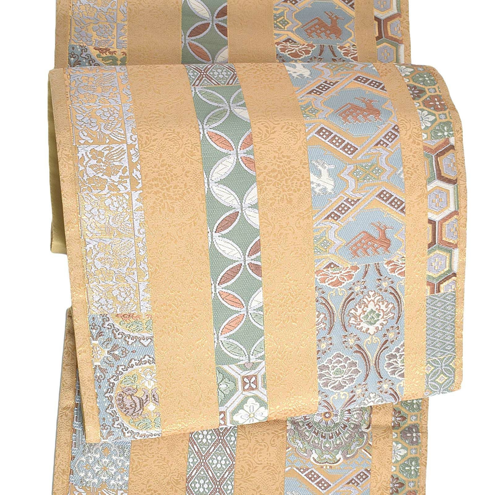 【新古品】「金　唐草に有栖川文様　名物裂文様づくし」仕立て上がり 袋帯 全通柄