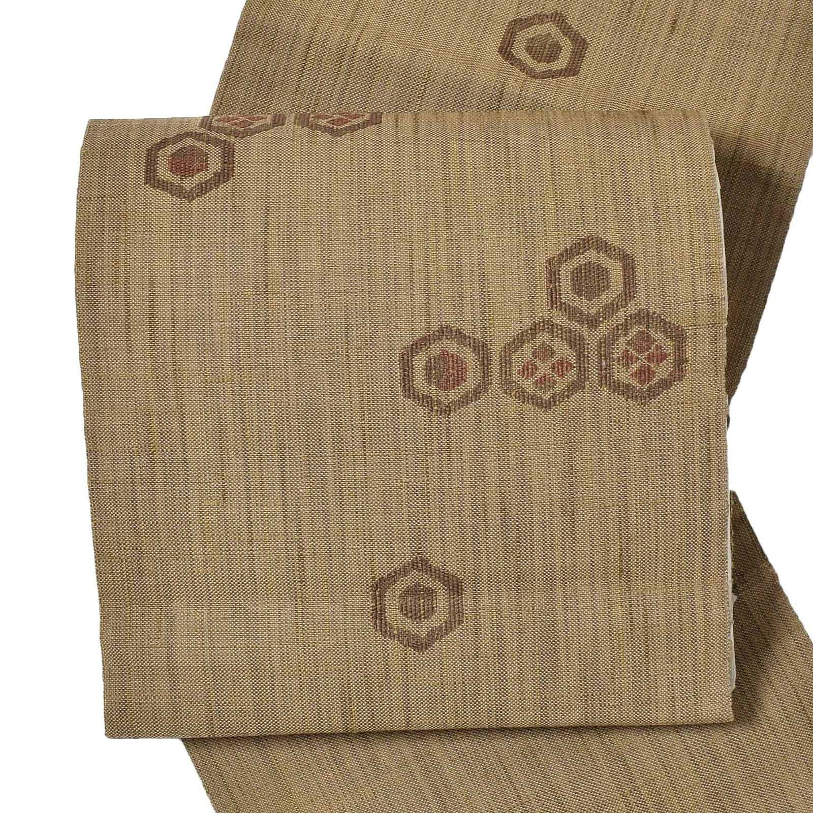 【中古品】「朽葉色　菱　亀甲文」仕立て上がり 八寸名古屋帯 六通柄