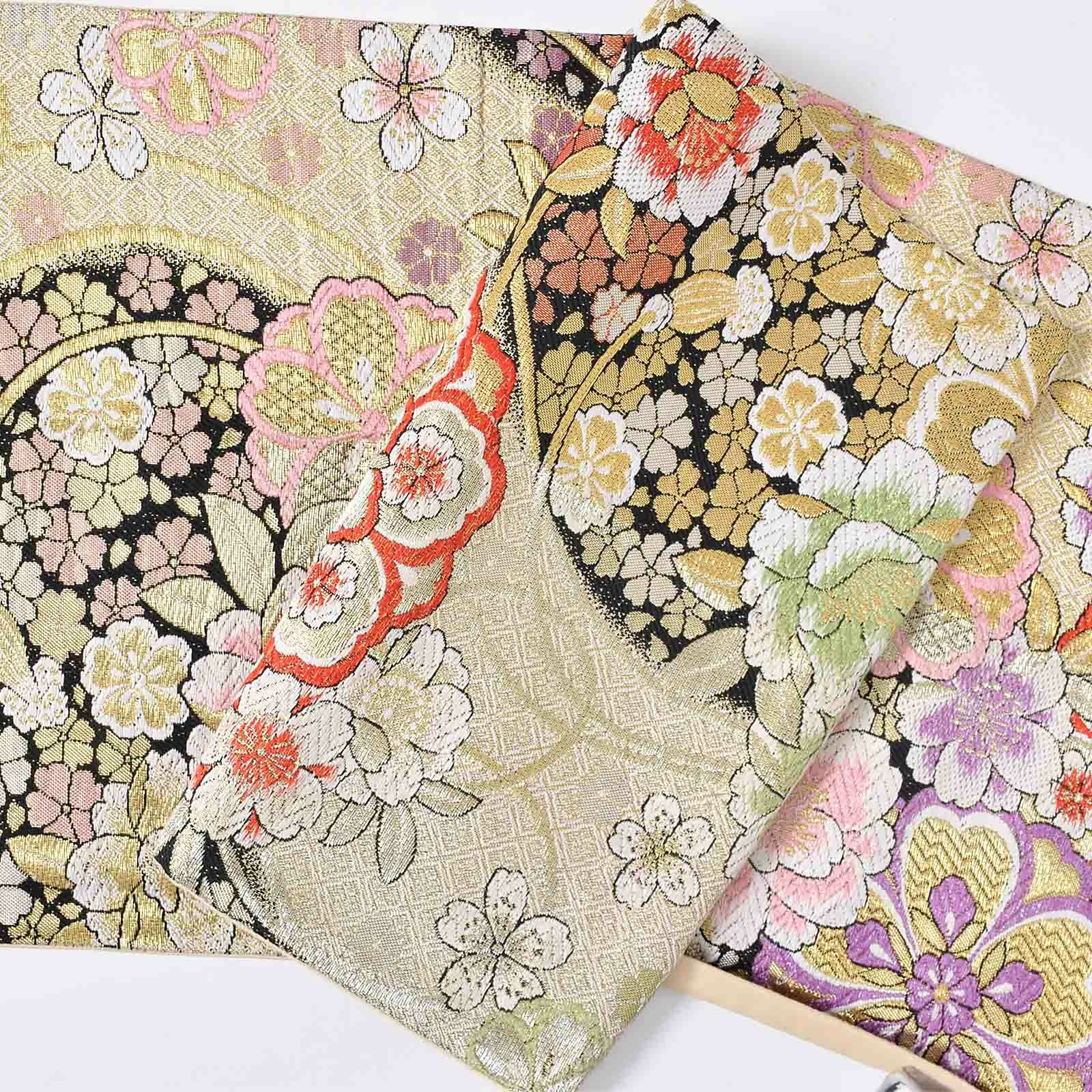 中古品】「黒金 熨斗に牡丹 八重桜」仕立て上がり 袋帯 正絹 中古品】「黒金 熨斗に牡丹 八重桜」仕立て上がり 袋帯 正絹