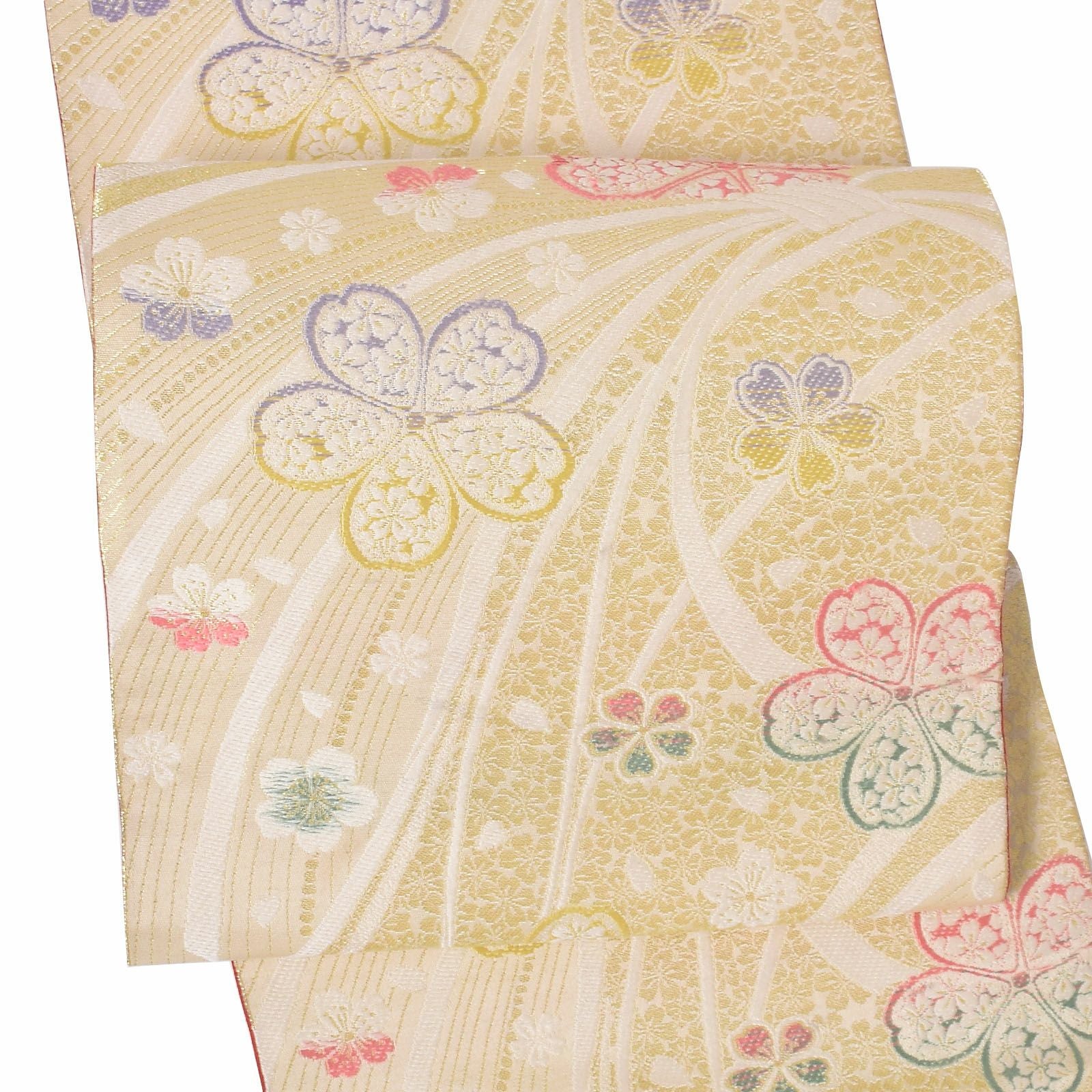 【中古品】「金　束ね熨斗に桜」仕立て上がり 袋帯 正絹 礼装用 振袖用