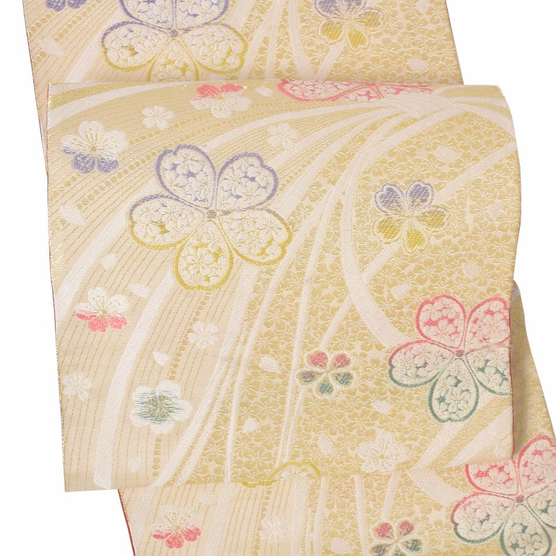 【中古品】「金　束ね熨斗に桜」仕立て上がり 袋帯 正絹 礼装用 振袖用