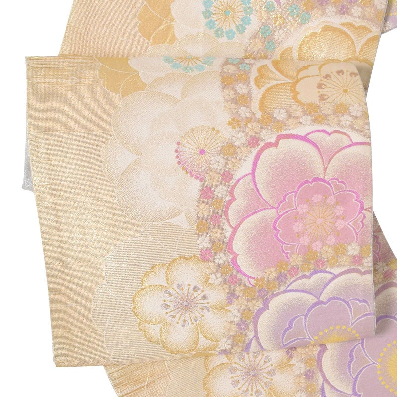 【中古品】「金　八重桜の段」仕立て上がり 袋帯 正絹 礼装用 振袖用