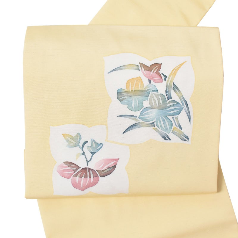 【新古品】「クリーム　草花」仕立て上がり 名古屋帯 紬 お太鼓柄