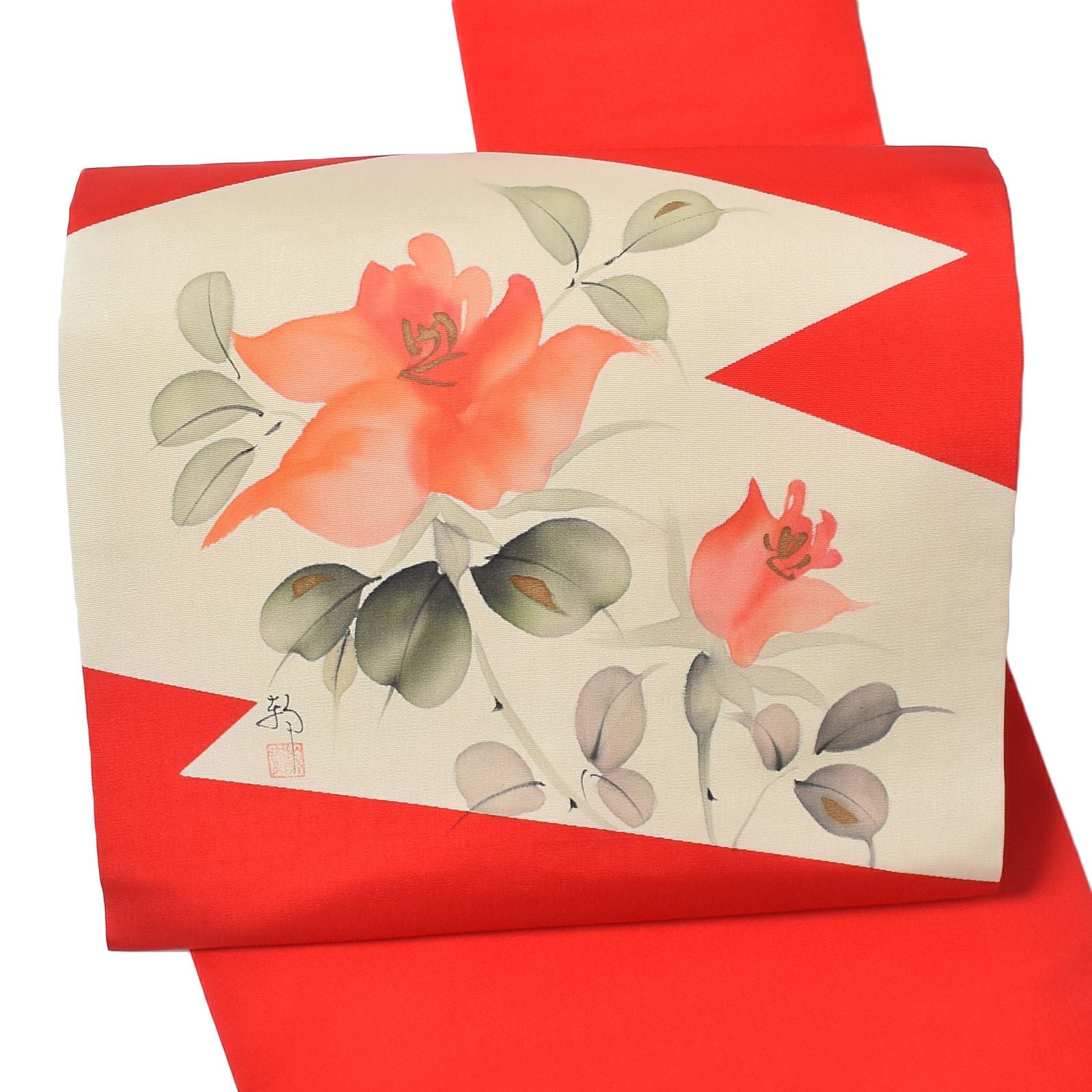 【中古品】「赤地　手描き薔薇」仕立て上がり 名古屋帯 染め帯