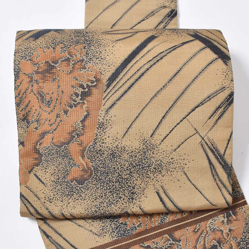 【中古品】「黄土色　ライオン　獅子」仕立て上がり 名古屋帯