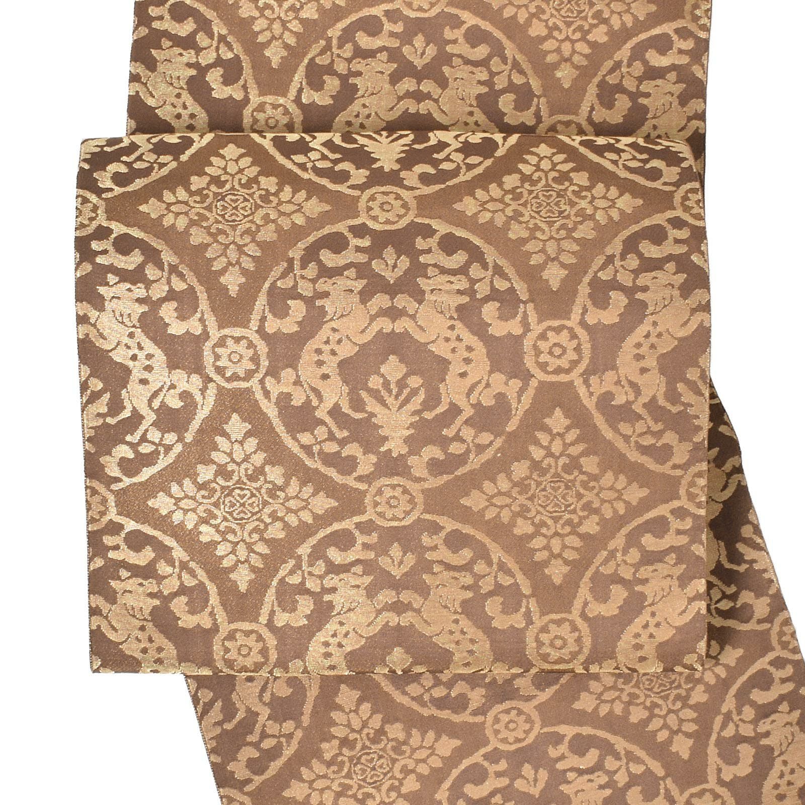 【中古品】仕立て上がり 袋名古屋帯 「茶色　獅子唐草文様」 錦織