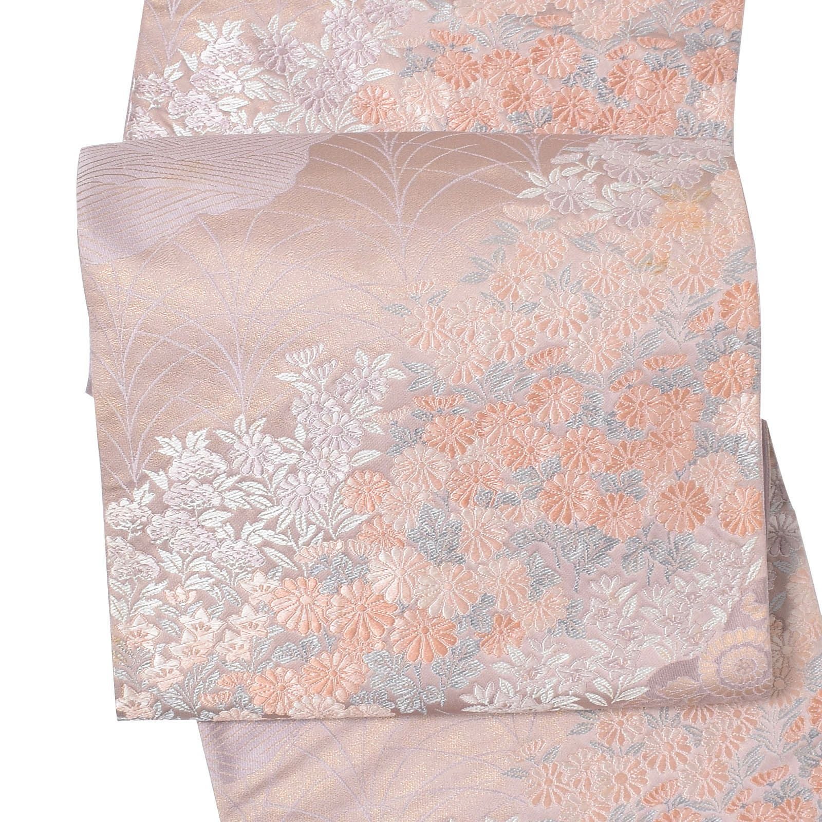 【中古品】仕立て上がり 袋帯 「ピンクベージュ　花尽くし」 錦織