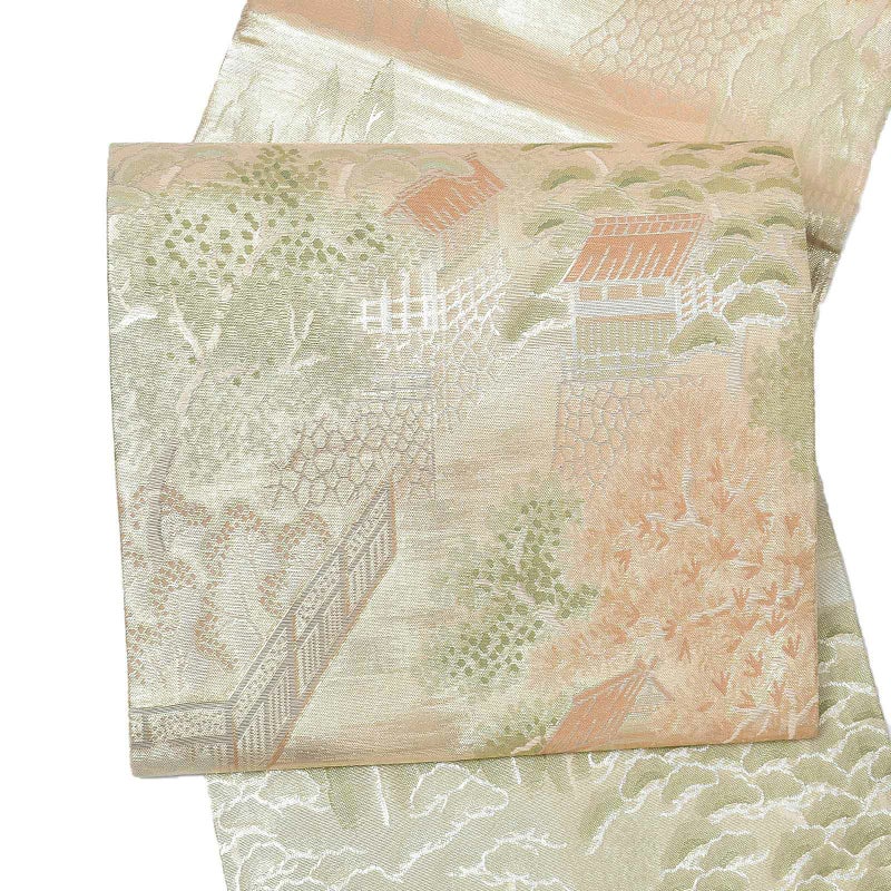 【中古品】仕立て上がり 袋帯 「ゴールド　楼閣文様」 錦織