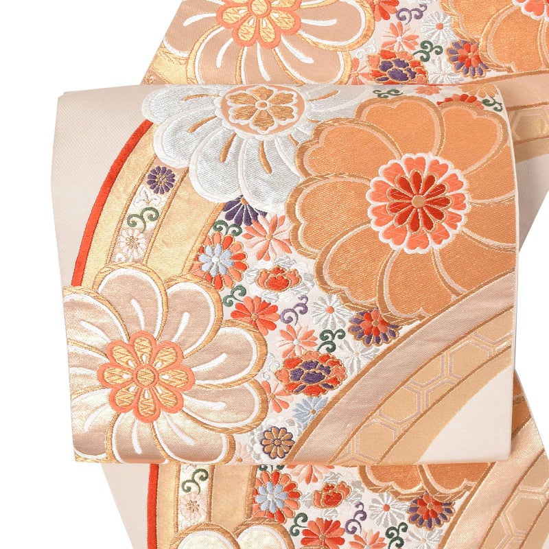 【中古品】仕立て上がり 袋帯 「クリーム　捻じり花取り」