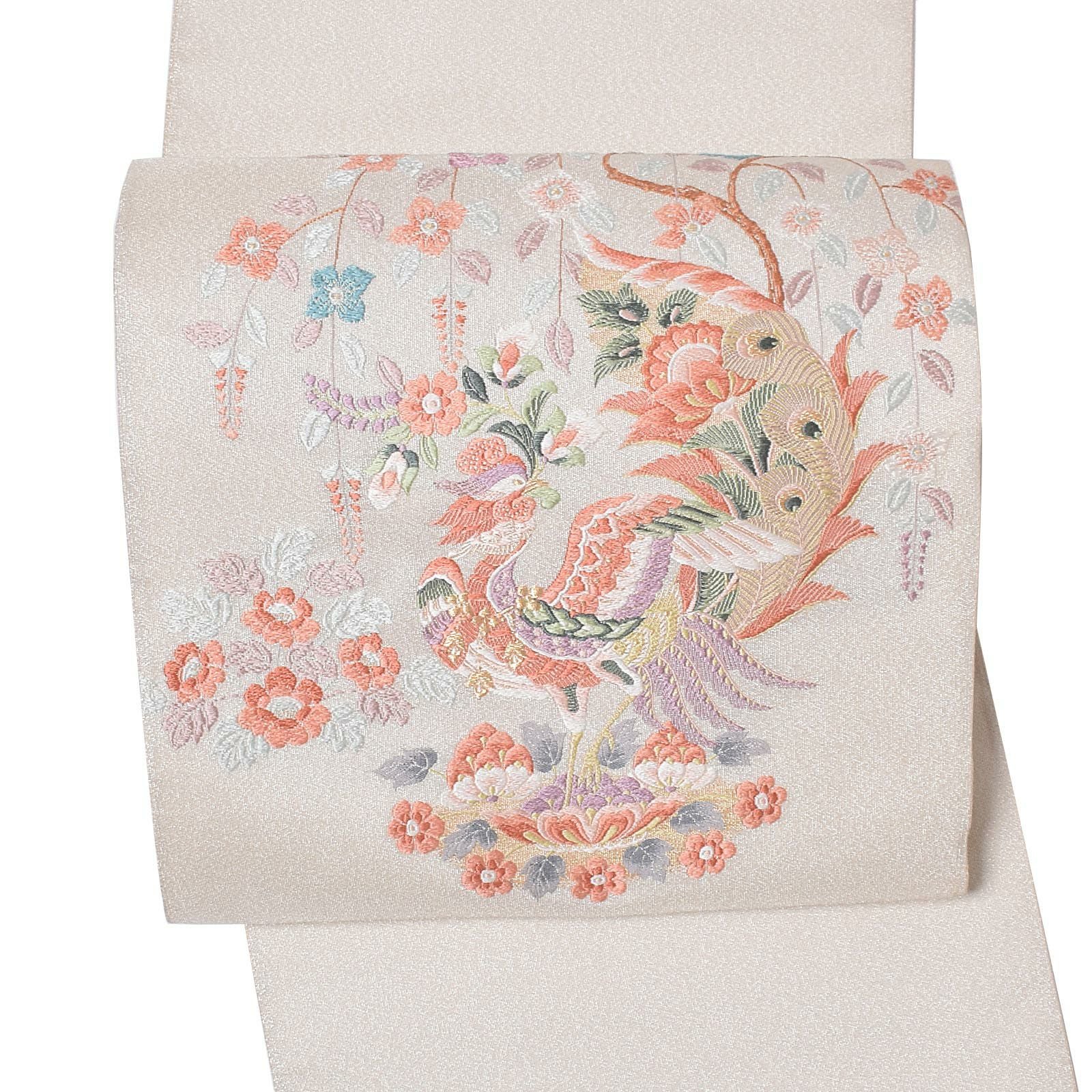【中古品】仕立て上がり 袋帯 「白　白銀　鳳凰」 唐織