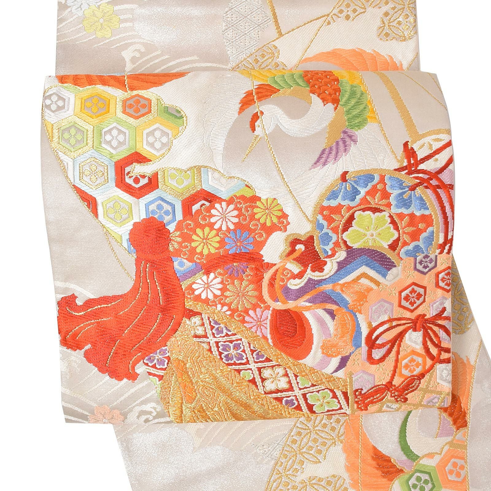 【中古品】仕立て上がり 袋帯 「クリーム地　鶴に宝船」 唐織