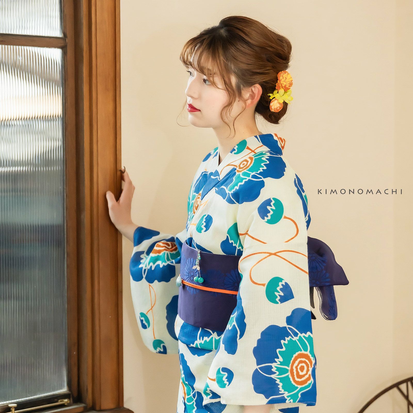 レディース 浴衣3点セット(浴衣＋帯＋下駄) 「浴衣 レトロフラワー