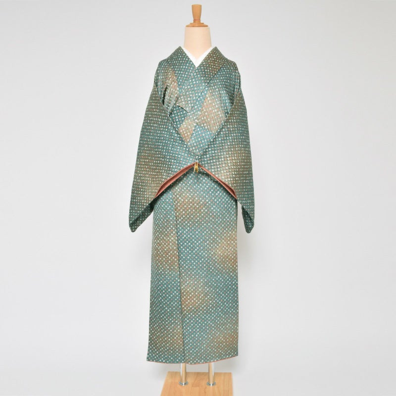 【中古品】仕立て上がり 袷着物 「御召茶　金茶ぼかし　絞り」 小紋 正絹 総絞り