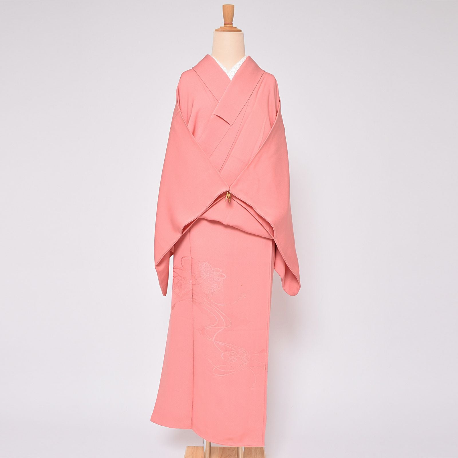 【中古品】仕立て上がり 袷着物 「紅梅色地に文箱」 色無地 正絹