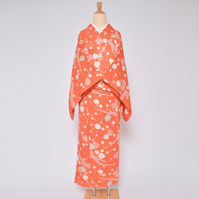 【中古品】仕立て上がり 袷着物 「紅唐色　露芝の地紋に疋田と淡雪」 小紋 正絹