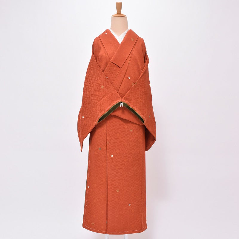 【中古品】仕立て上がり 袷着物 「朱赤茶　梅鉢」 小紋 正絹