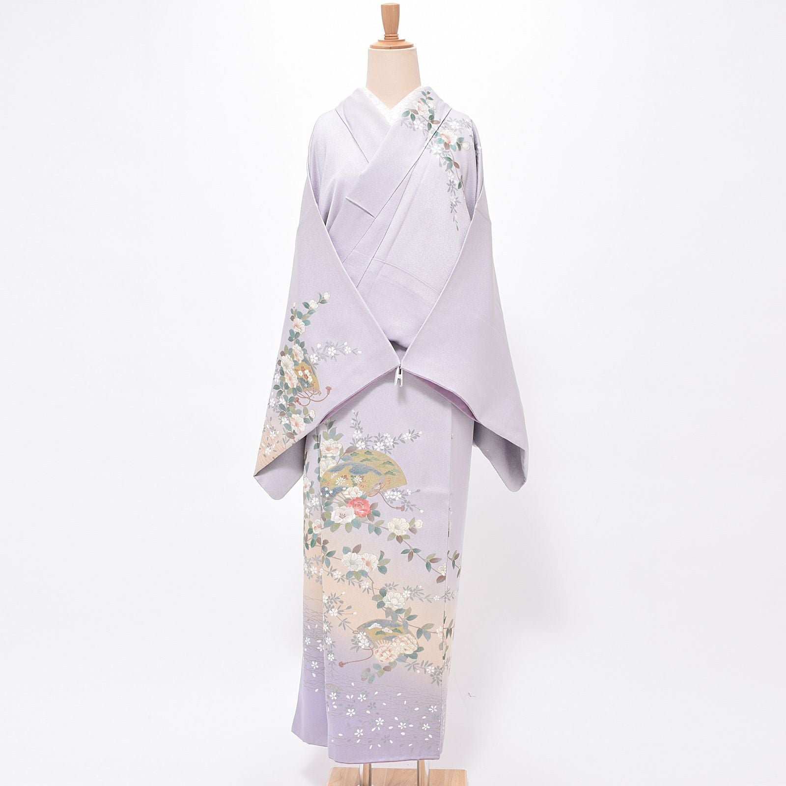 【中古品】仕立て上がり 訪問着 「藤色　扇に草花」 袷 正絹