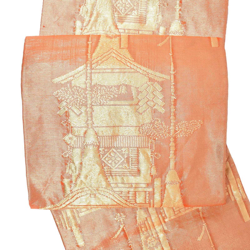 【中古品】仕立て上がり 袋帯 「金　箔織　朱色　祇園祭の鉾」