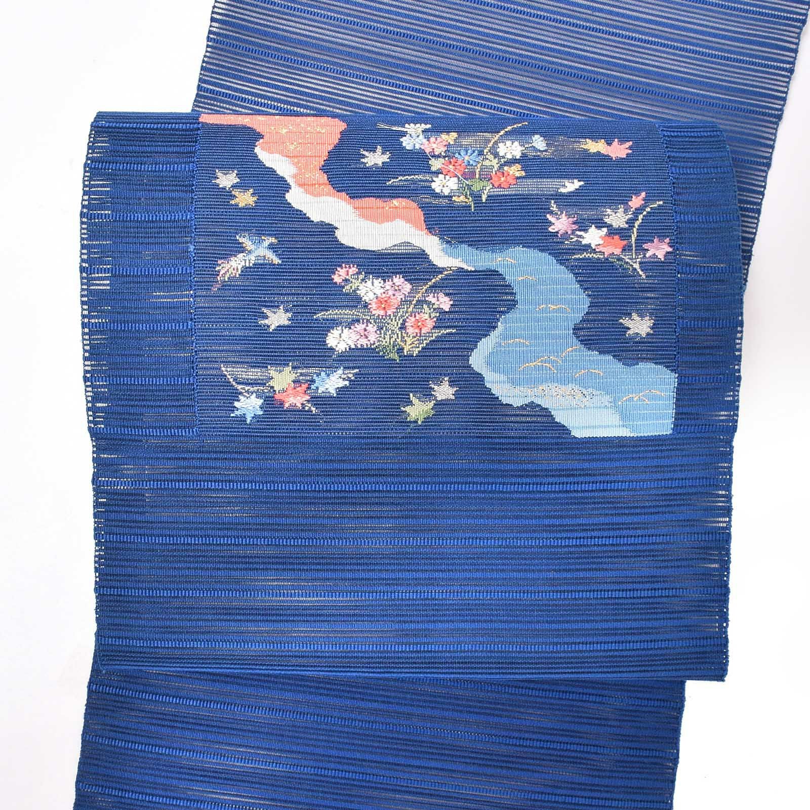 中古品】仕立て上がり 袋名古屋帯 「ロイヤルブルー 絽綴れ 川辺 中古品】仕立て上がり 袋名古屋帯 「ロイヤルブルー 絽綴れ 川辺