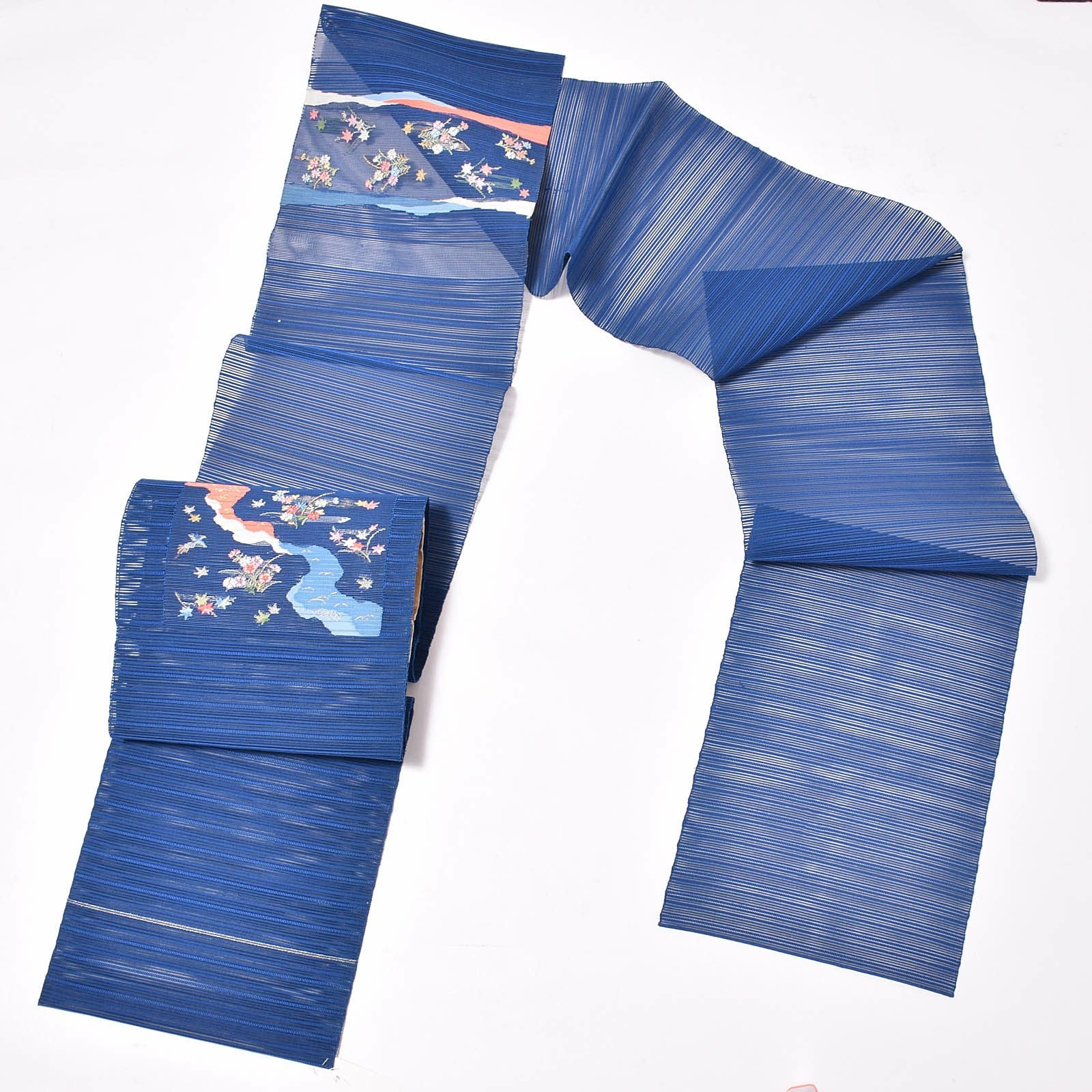 中古品】仕立て上がり 袋名古屋帯 「ロイヤルブルー 絽綴れ 川辺の草花