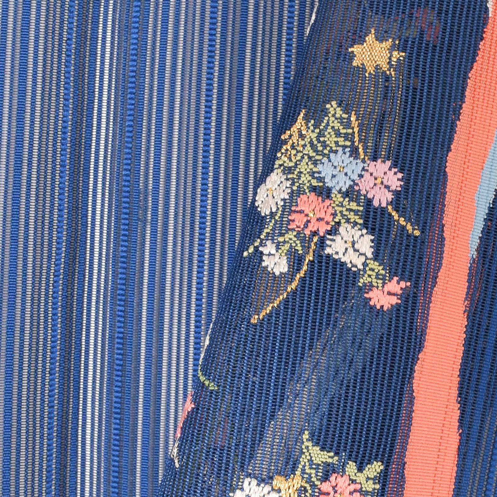 中古品】仕立て上がり 袋名古屋帯 「ロイヤルブルー 絽綴れ 川辺の草花