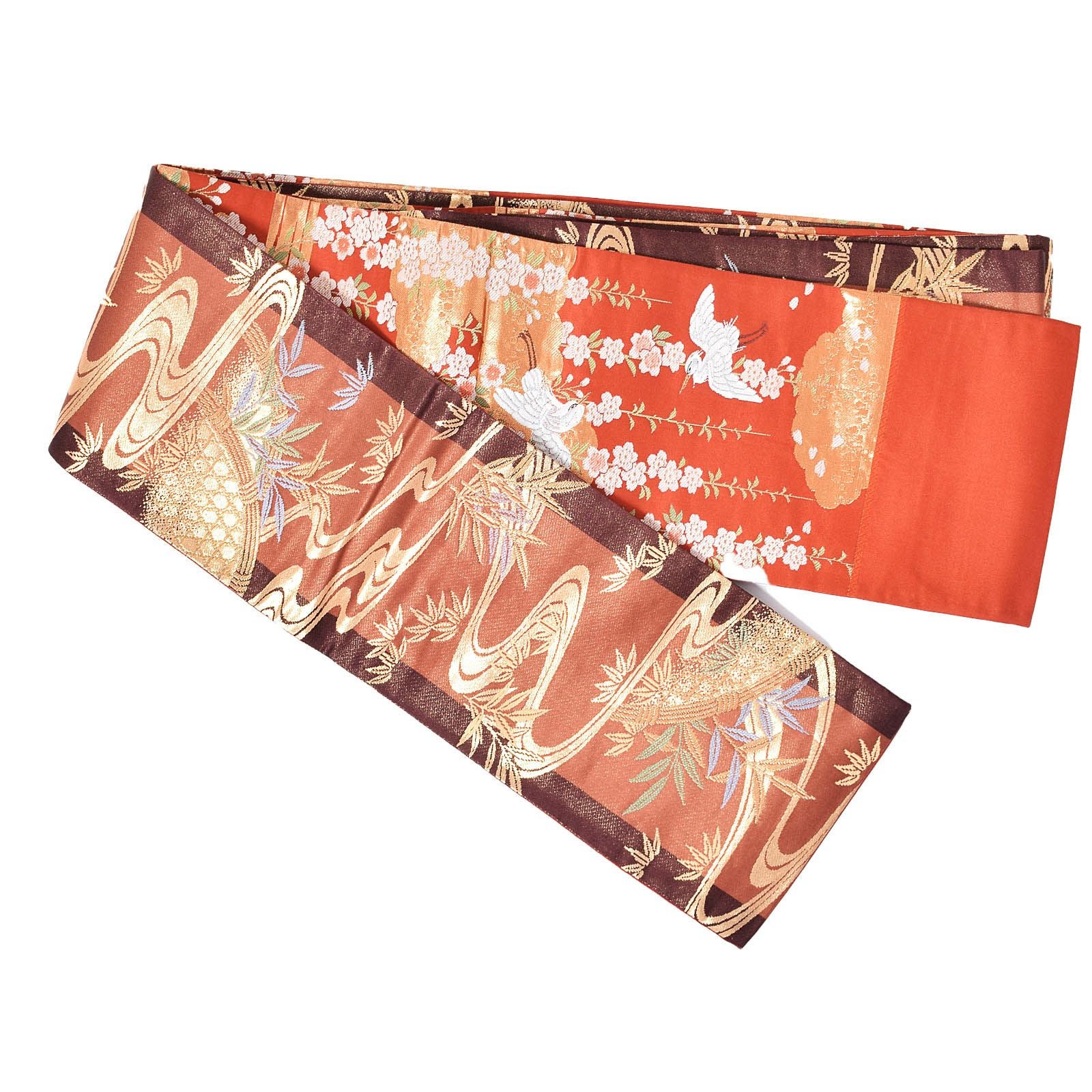 【中古品】仕立て上がり 半幅帯 小袋帯 「茶色　流水　籠に笹／赤茶　流水　枝垂桜に鳥」 リバーシブル