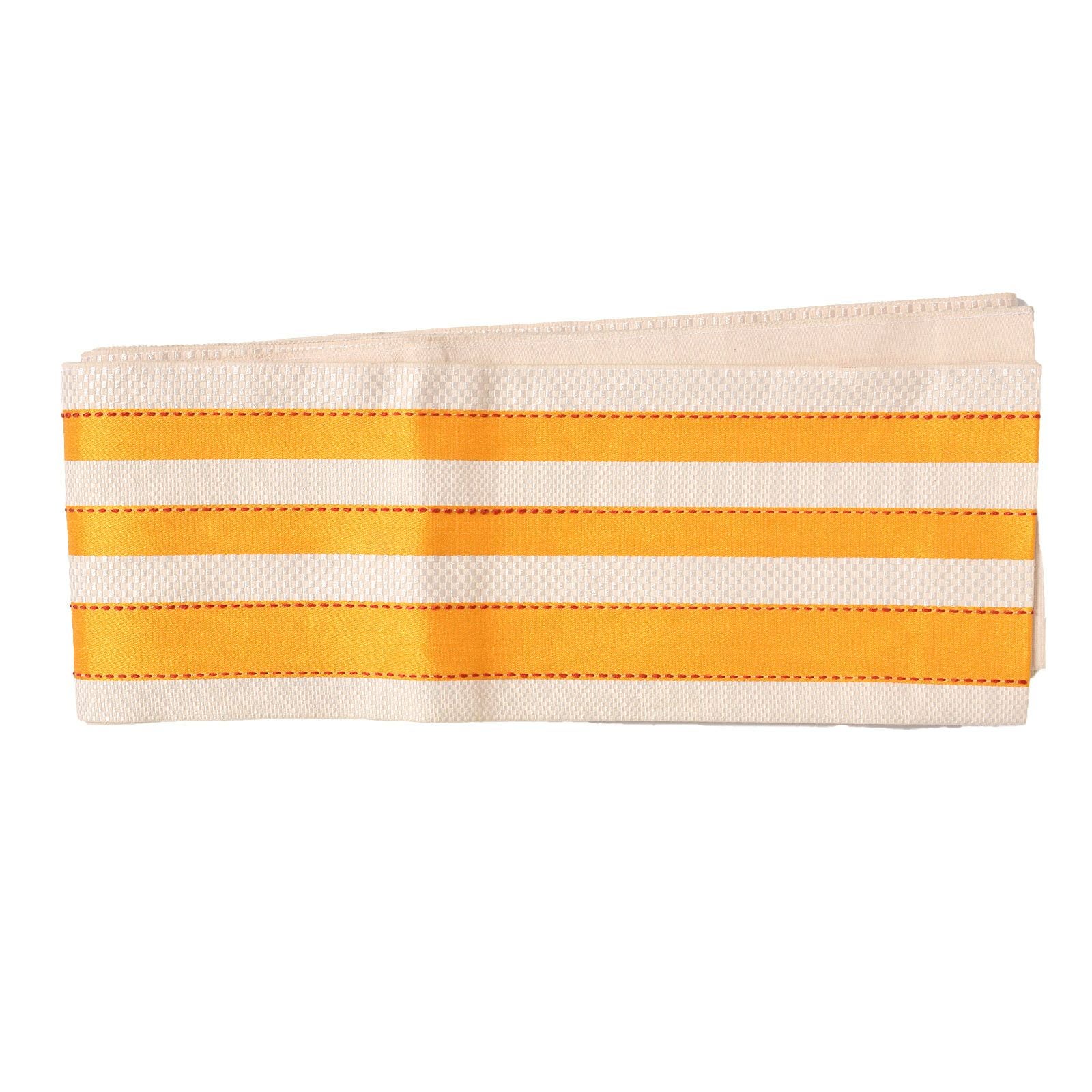 【中古品】仕立て上がり 半幅帯 小袋帯 「白×オレンジストライプ」