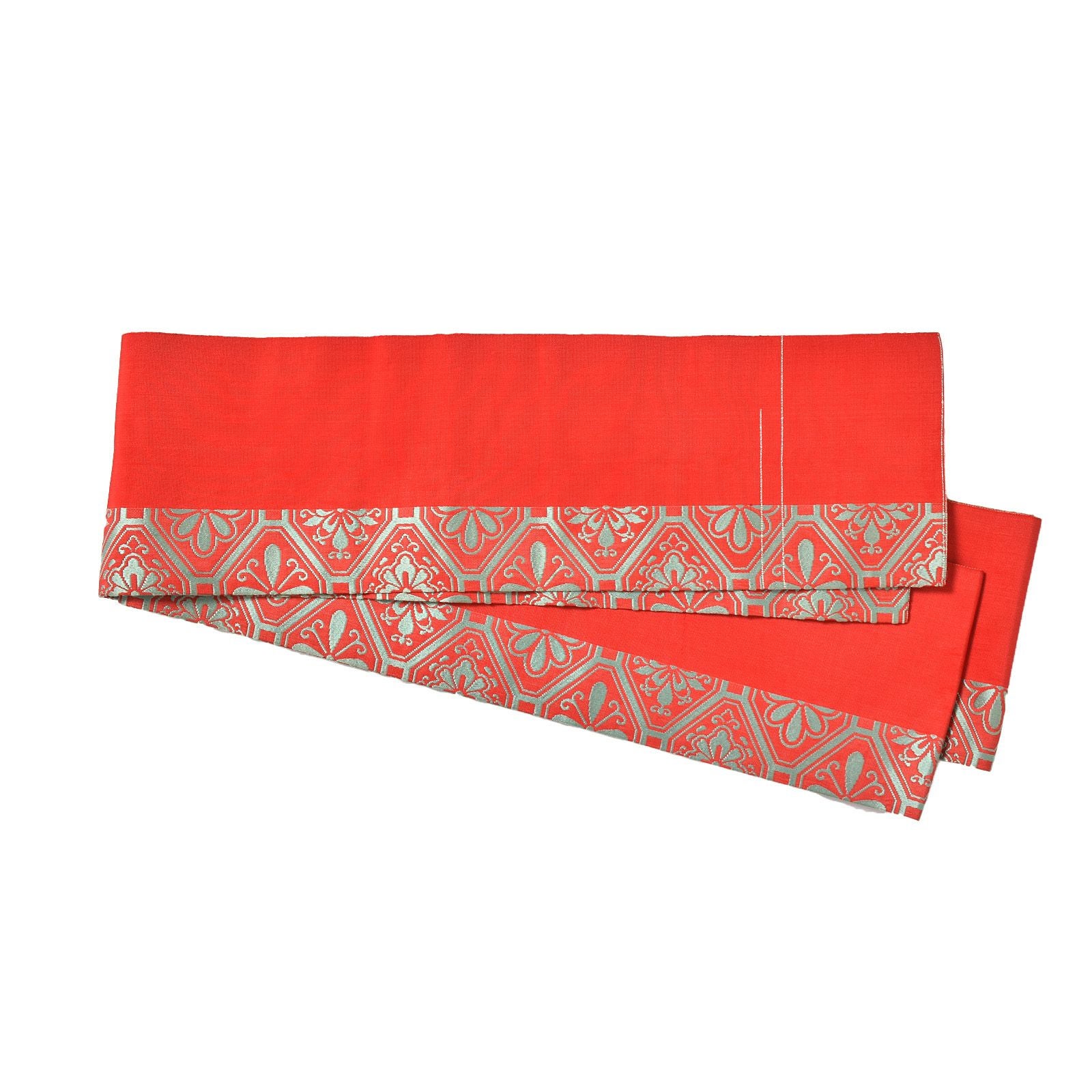 【中古品】仕立て上がり 半幅帯 「赤に唐花蜀江文」