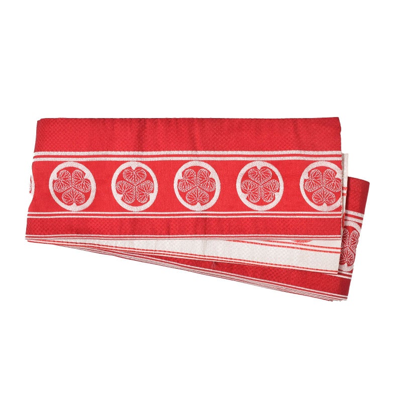 【中古品】仕立て上がり 半幅帯 「赤に葵文」