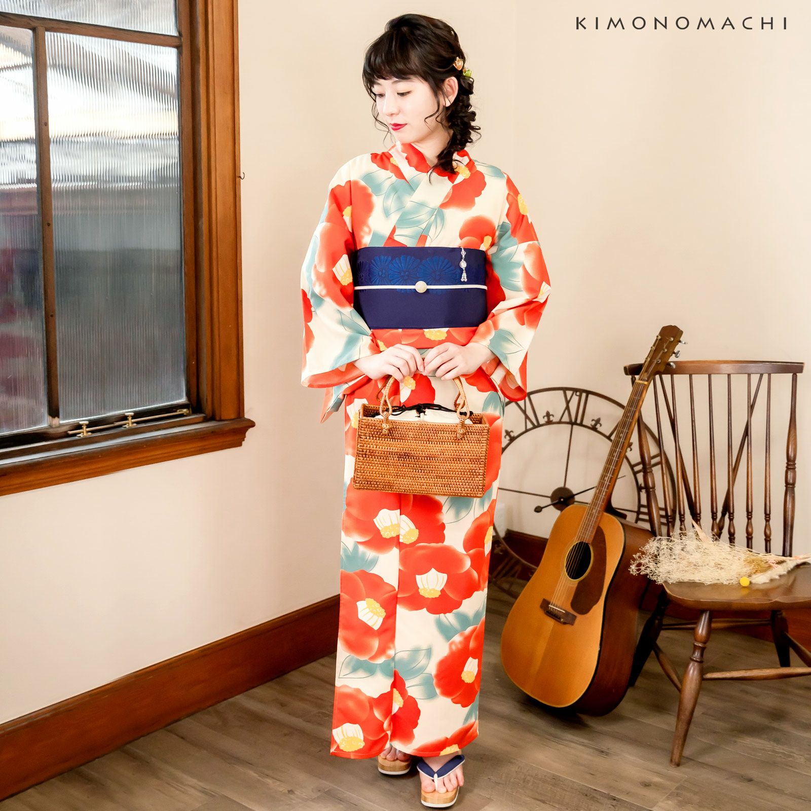 レディース 浴衣2点セット(浴衣＋帯) 「浴衣 クリーム 水彩椿＋半幅帯