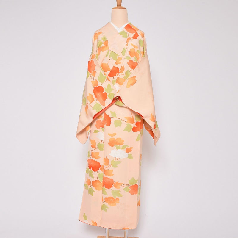 【中古品】仕立て上がり 袷着物 「オレンジクリーム　花野」 小紋 袷 正絹