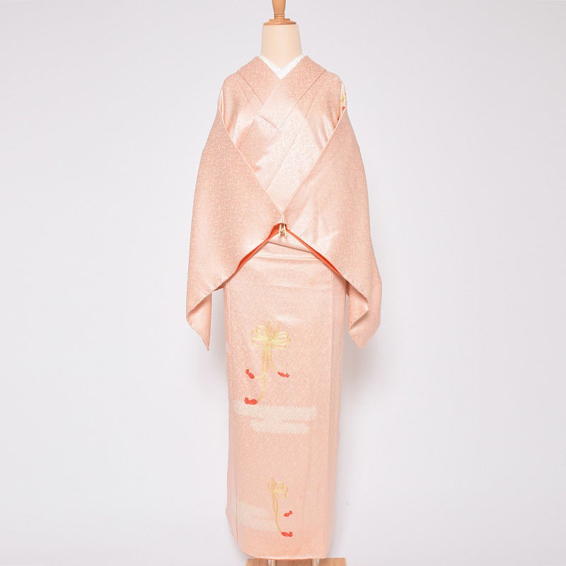 【中古品】仕立て上がり 付け下げ小紋 「ピンク　地紋に組紐」 袷 着物 正絹