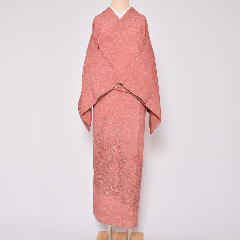 【中古品】仕立て上がり 付け下げ 「紅色　鮫小紋×吹雪　マーガレット」 袷 着物 正絹