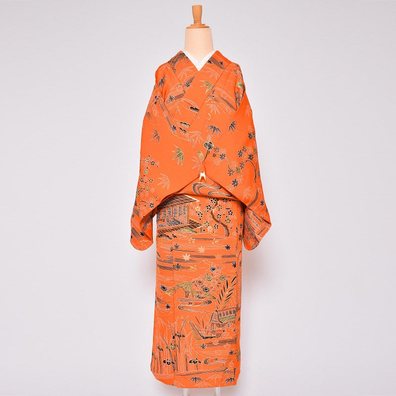 【中古品】仕立て上がり 袷着物 「オレンジ　庭風景」 小紋 正絹