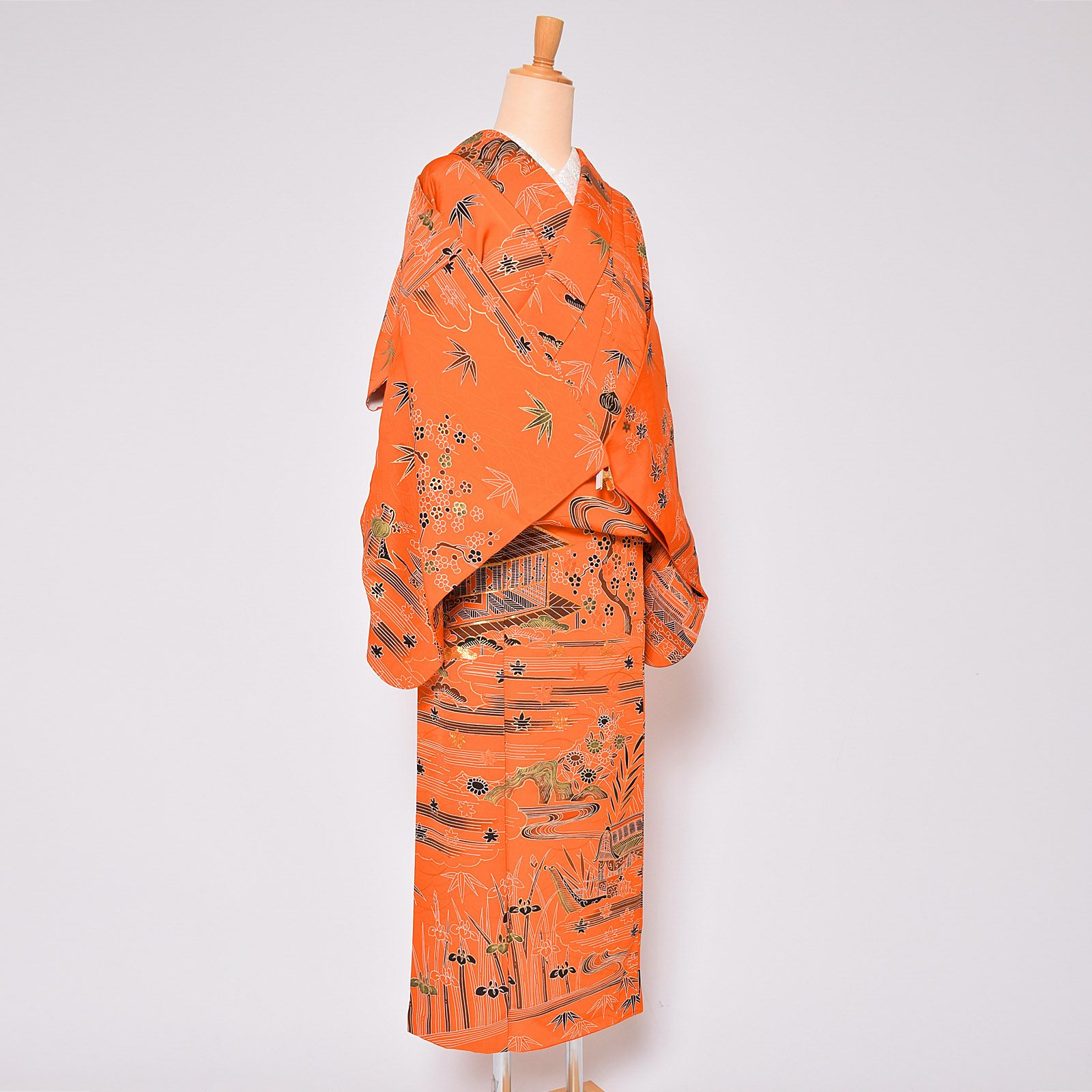 Prices down3】【中古品】仕立て上がり 袷着物 「オレンジ 庭風景