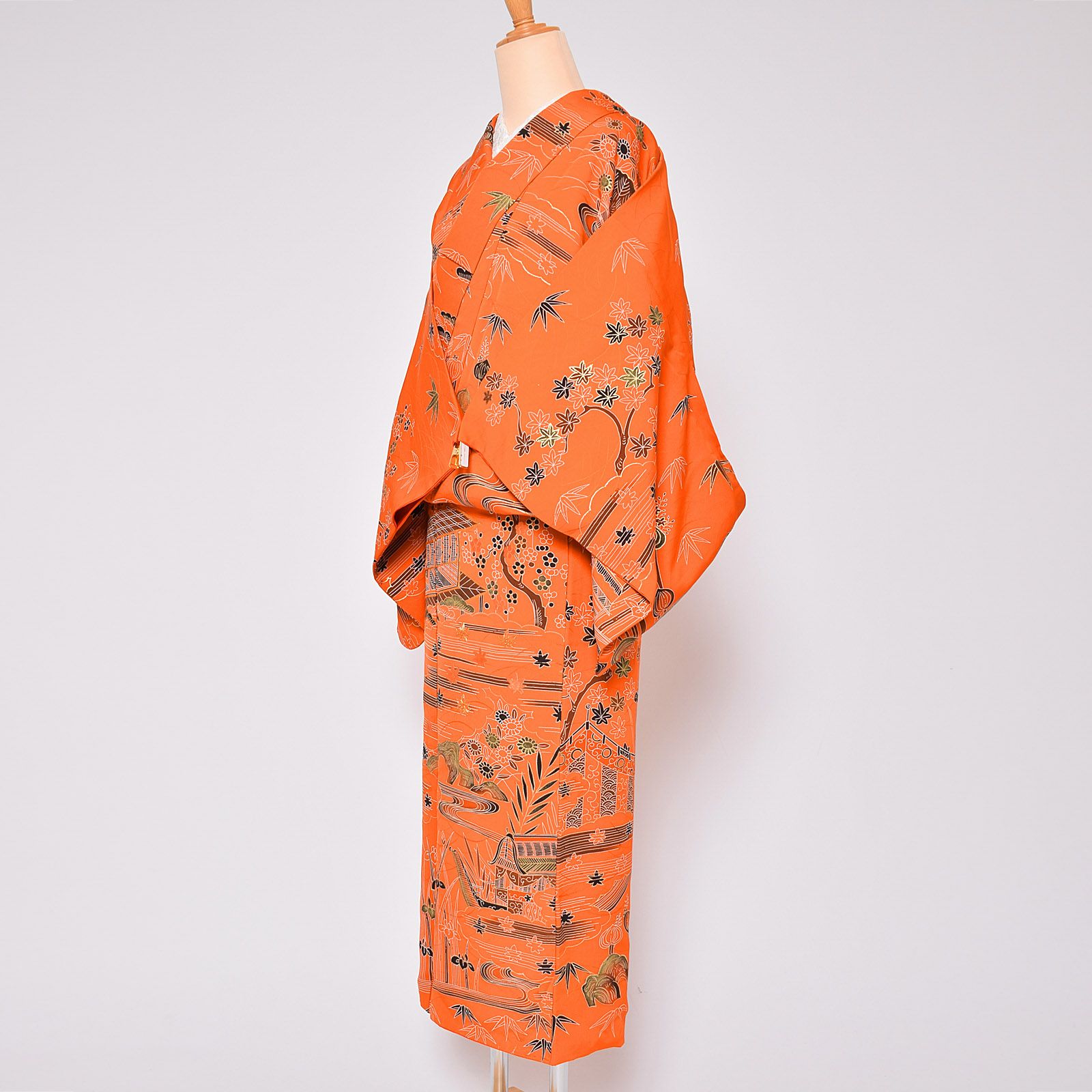 Prices down3】【中古品】仕立て上がり 袷着物 「オレンジ 庭風景