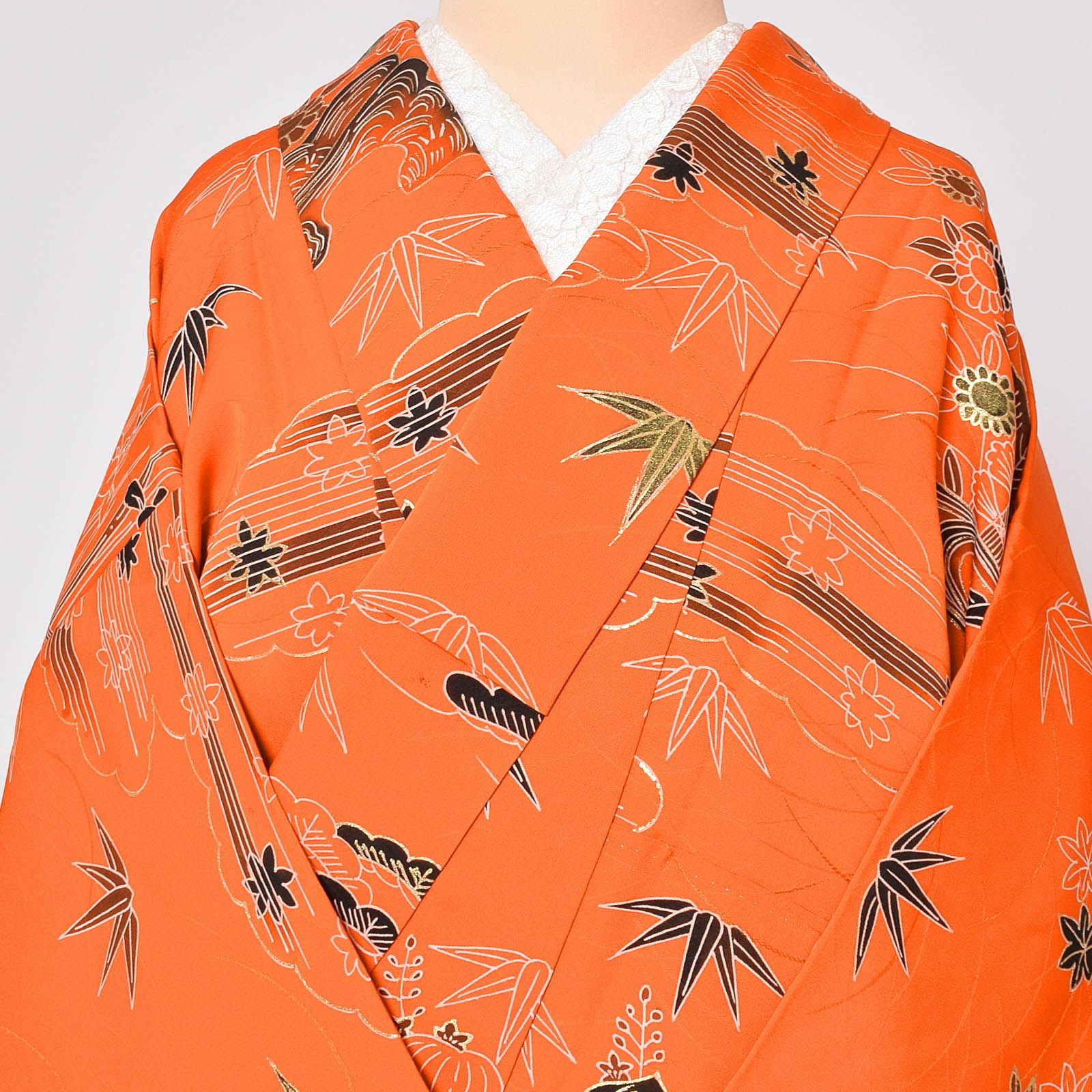 Prices down3】【中古品】仕立て上がり 袷着物 「オレンジ 庭風景