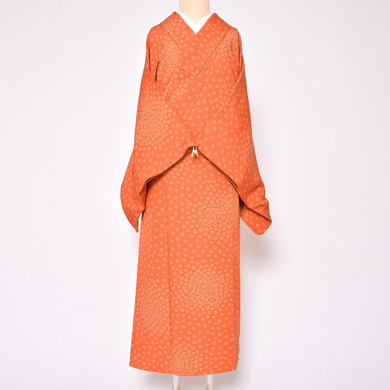 【中古品】仕立て上がり 袷着物 「朱色　変わり梅」 小紋 正絹