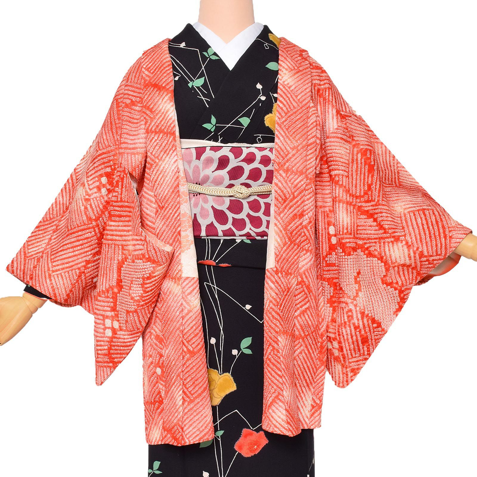 【中古品】羽織 「オレンジ　花」 正絹 総絞り 羽織り