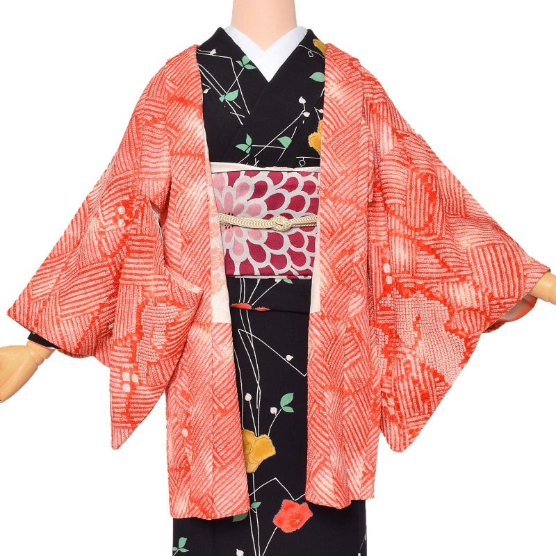 【中古品】羽織 「オレンジ　花」 正絹 総絞り 羽織り