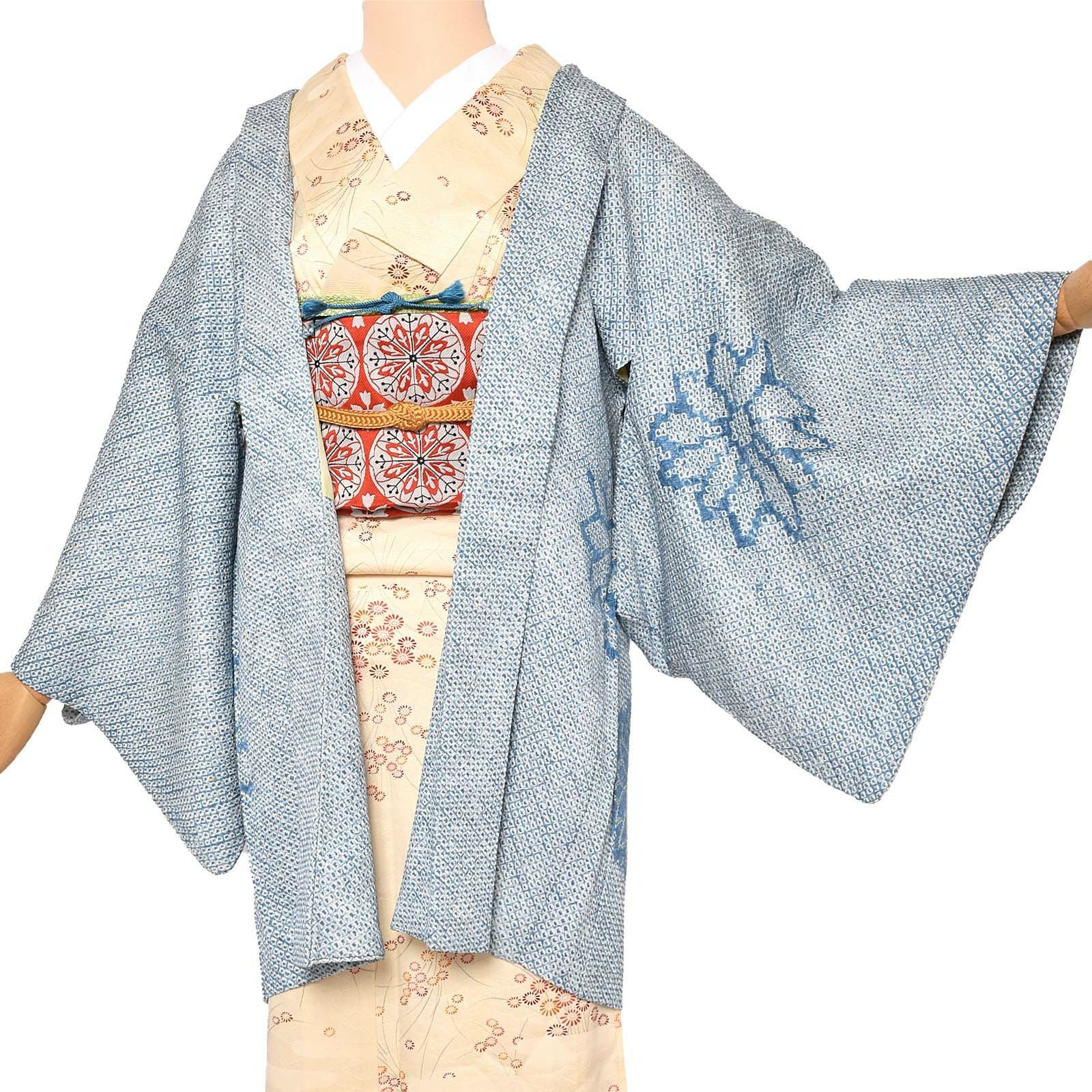 Prices down】【中古品】羽織 「青 花 鹿の子絞り」 正絹 総絞り