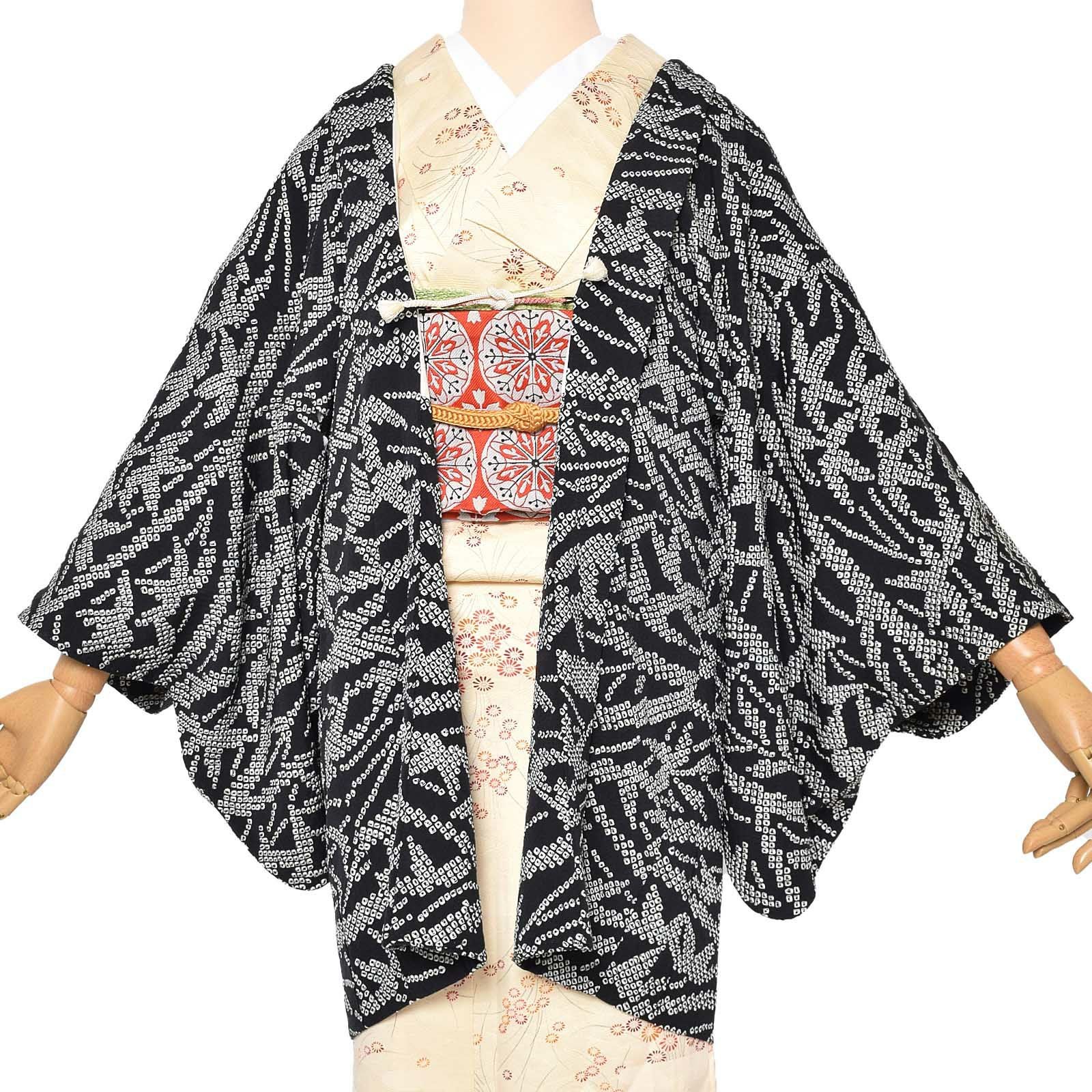 中古品】羽織 「黒地に笹」 正絹 総絞り 羽織り 【メール便不可】＜T
