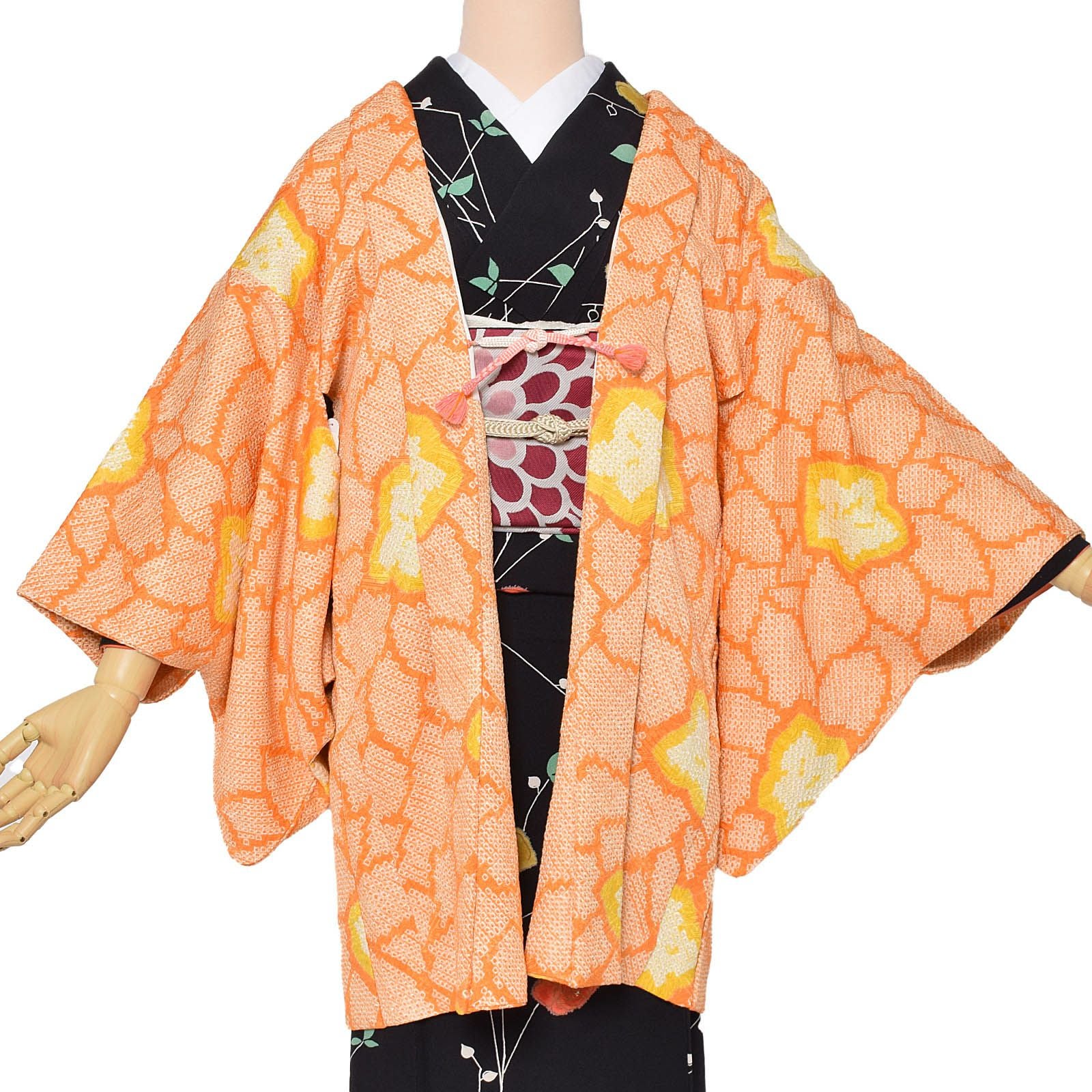 Prices down2】【中古品】羽織 「オレンジ 花」 正絹 総絞り 羽織り