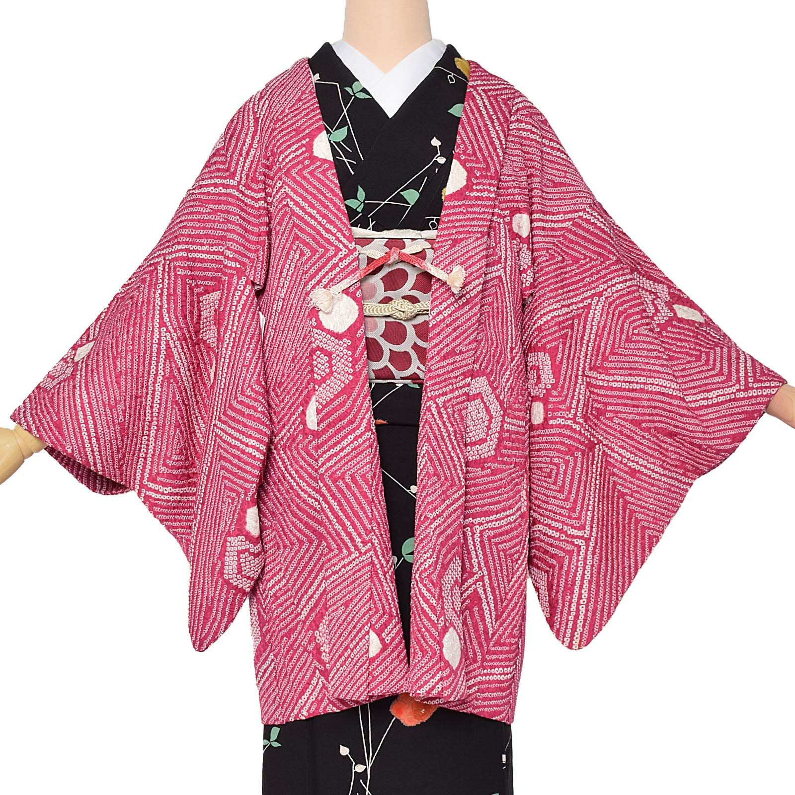 【中古品】羽織 「マゼンタ　幾何学」 正絹 総絞り 羽織り