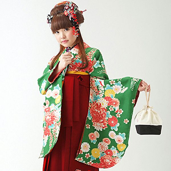 中古品】卒業式袴セット 「二尺袖：緑 菊と藤の花+袴：エンジ×矢絣