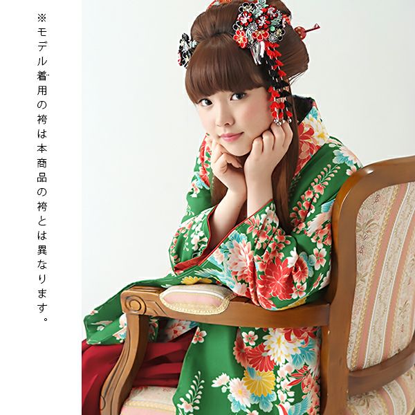 中古品】卒業式袴セット 「二尺袖:緑 菊と藤の花+袴:エンジ×矢絣 中古品】卒業式袴セット 「二尺袖:緑 菊と藤の花+袴:エンジ×矢絣