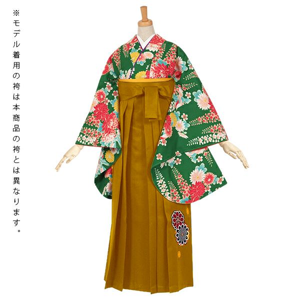 中古品】卒業式袴セット 「二尺袖：緑 菊と藤の花+袴：金茶×菊 刺繍