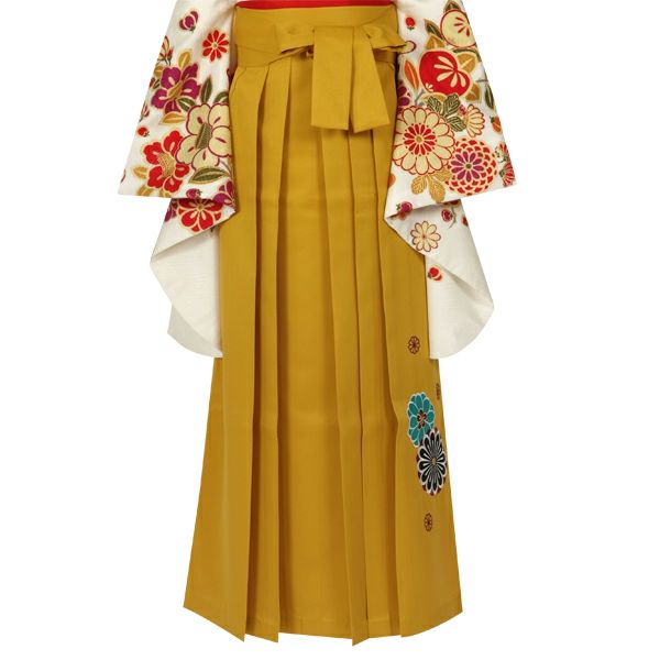 中古品】卒業式袴セット 「二尺袖：緑 菊と藤の花+袴：金茶×菊 刺繍